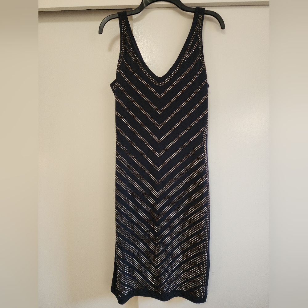 Carmen Marc Valvo Black Midi Dress with Silver Studded Accents - Picture 5 of 11